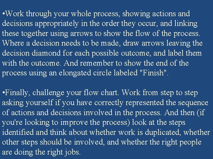 • Work through your whole process, showing actions and decisions appropriately in the • Work through your whole process, showing actions and decisions appropriately in the