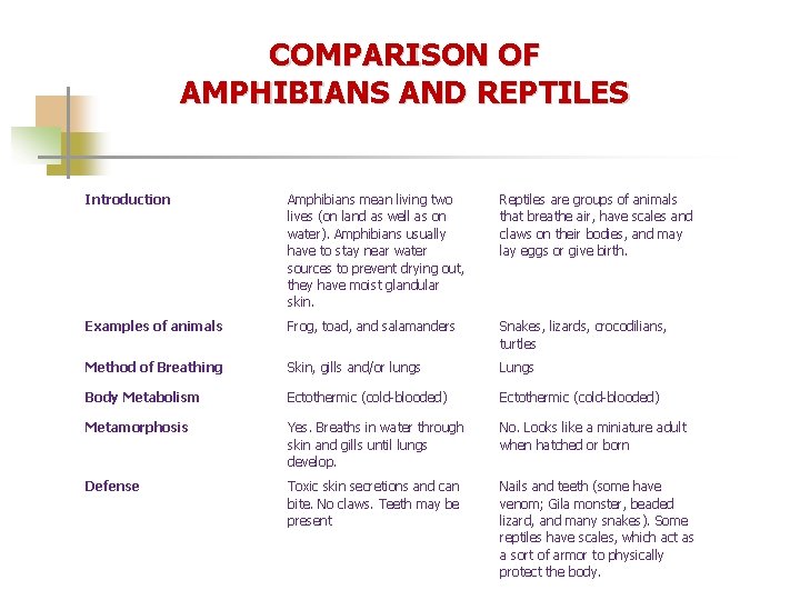 COMPARISON OF AMPHIBIANS AND REPTILES Introduction Amphibians mean living two lives (on land as