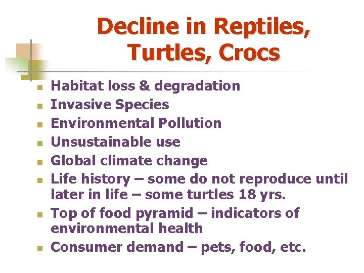 Decline in Reptiles, Turtles, Crocs n n n n Habitat loss & degradation Invasive