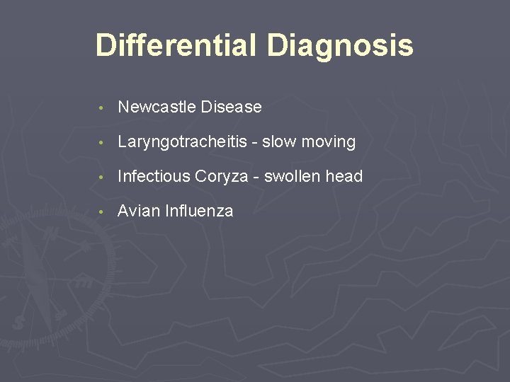 Differential Diagnosis • Newcastle Disease • Laryngotracheitis - slow moving • Infectious Coryza -
