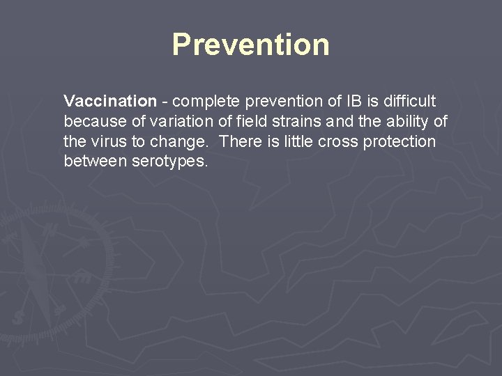 Prevention Vaccination - complete prevention of IB is difficult because of variation of field