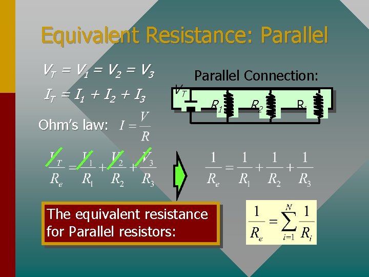 Equivalent Resistance: Parallel VT = V 1 = V 2 = V 3 IT