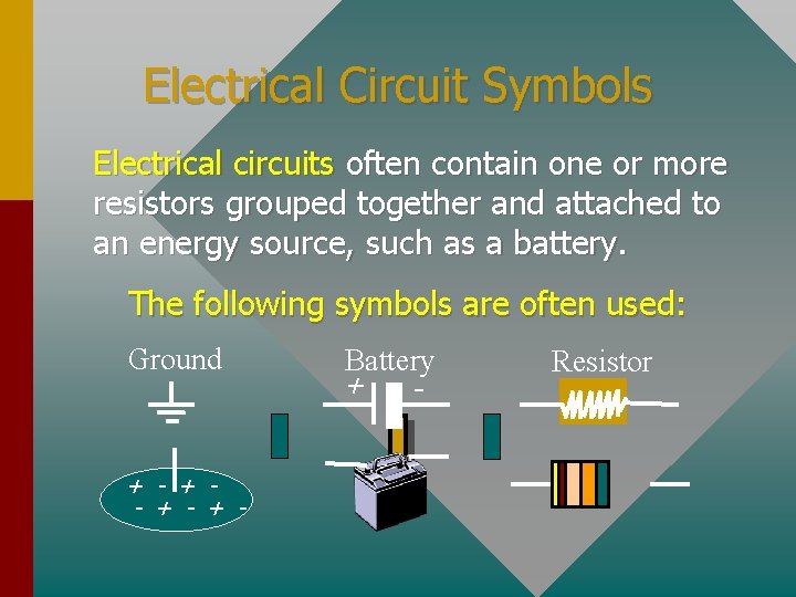 Electrical Circuit Symbols Electrical circuits often contain one or more resistors grouped together and