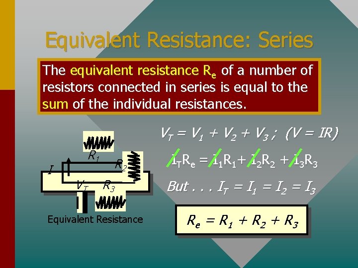 Equivalent Resistance: Series The equivalent resistance Re of a number of resistors connected in