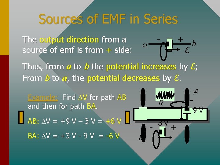 Sources of EMF in Series The output direction from a source of emf is
