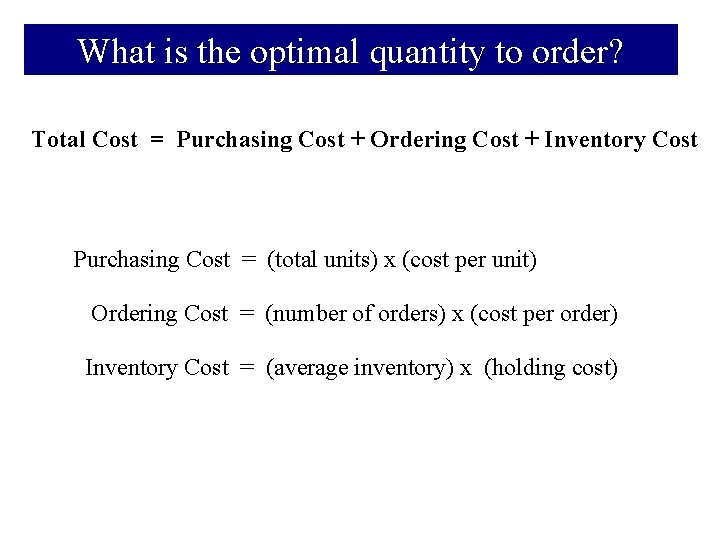 What is the optimal quantity to order? Total Cost = Purchasing Cost + Ordering