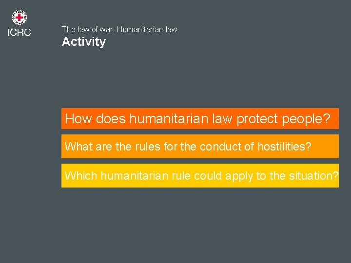 The law of war: Humanitarian law Activity How does humanitarian law protect people? What