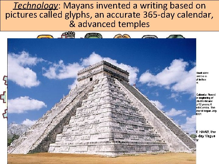 Technology: Mayans invented a writing based on pictures called glyphs, an accurate 365 -day