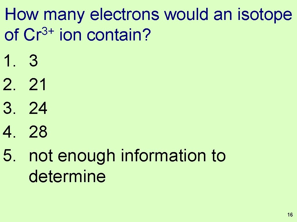 How many electrons would an isotope 3+ of Cr ion contain? 1. 2. 3.