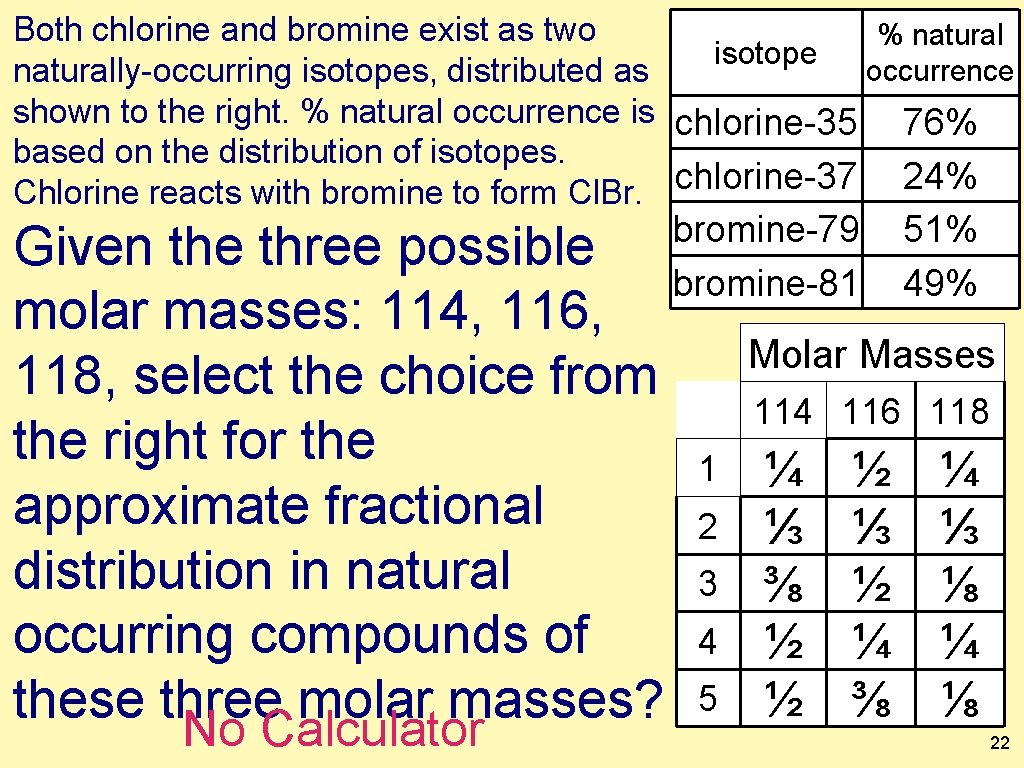 Both chlorine and bromine exist as two % natural isotope occurrence naturally-occurring isotopes, distributed