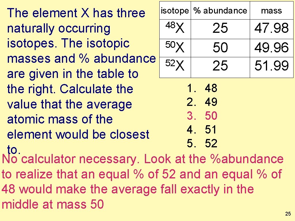 The element X has three isotope % abundance mass 48 naturally occurring X 25
