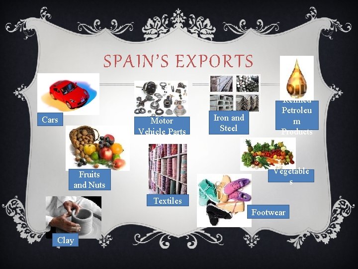SPAIN’S EXPORTS Cars Motor Vehicle Parts Iron and Steel Refined Petroleu m Products Vegetable
