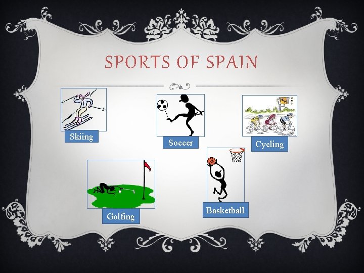 SPORTS OF SPAIN Skiing Soccer Golfing Cycling Basketball 