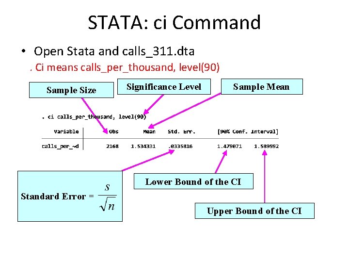 STATA: ci Command • Open Stata and calls_311. dta. Ci means calls_per_thousand, level(90) Sample
