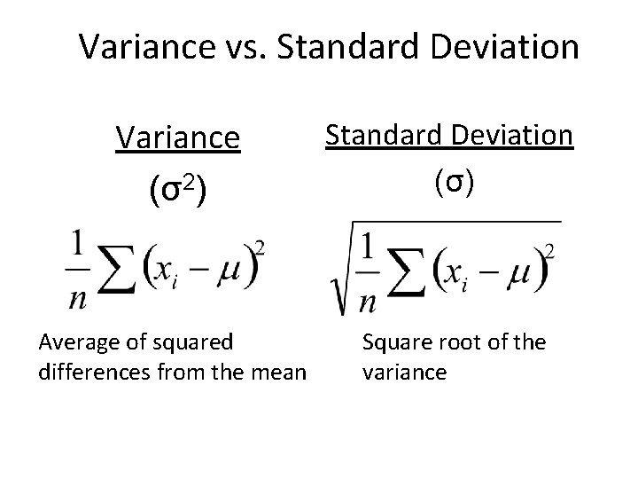 Variance vs. Standard Deviation Variance (σ2) Average of squared differences from the mean Standard