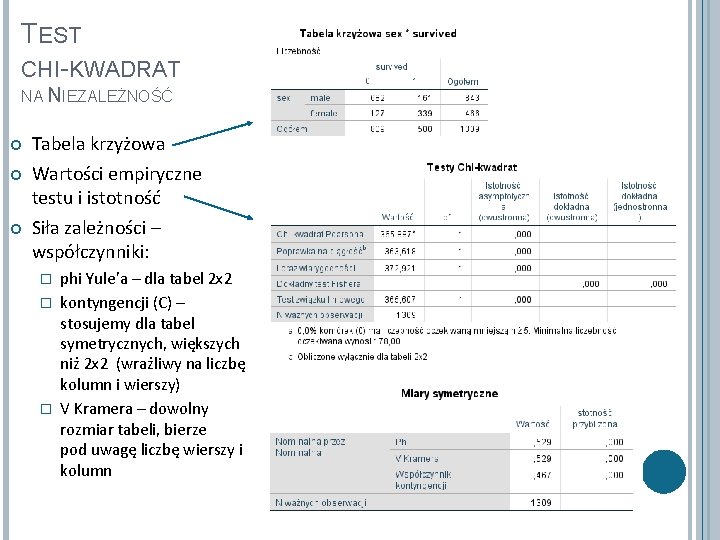 TEST CHI-KWADRAT NA NIEZALEŻNOŚĆ Tabela krzyżowa Wartości empiryczne testu i istotność Siła zależności –