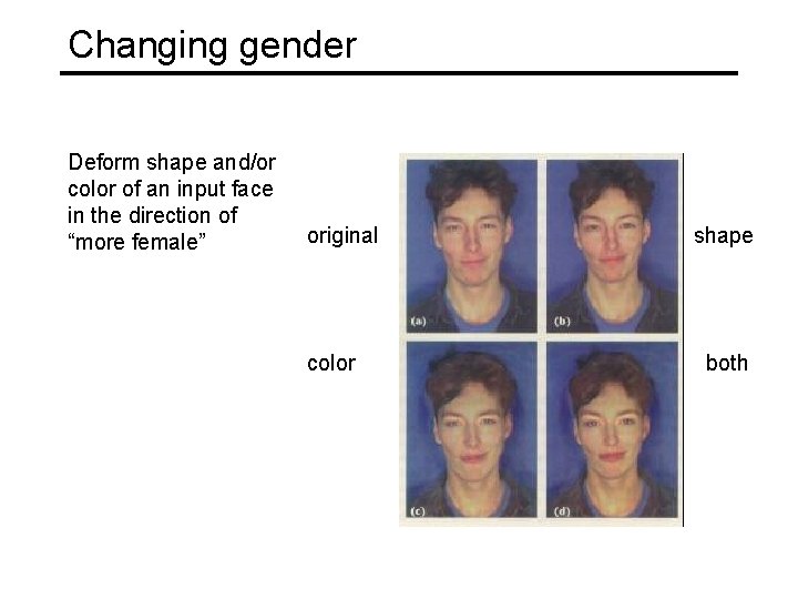 Changing gender Deform shape and/or color of an input face in the direction of