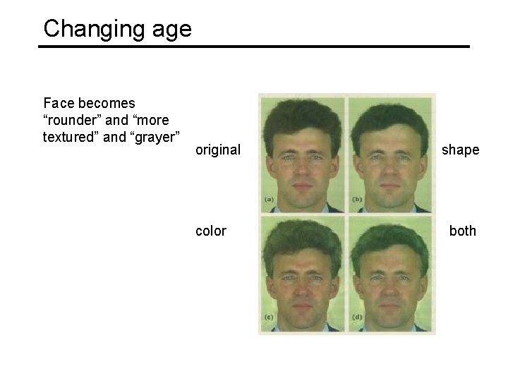 Changing age Face becomes “rounder” and “more textured” and “grayer” original color shape both