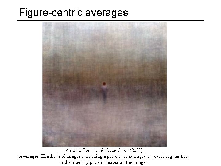 Figure-centric averages Antonio Torralba & Aude Oliva (2002) Averages: Hundreds of images containing a