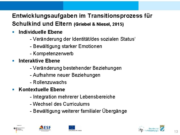 Entwicklungsaufgaben im Transitionsprozess für Schulkind und Eltern (Griebel & Niesel, 2015) § Individuelle Ebene Entwicklungsaufgaben im Transitionsprozess für Schulkind und Eltern (Griebel & Niesel, 2015) § Individuelle Ebene