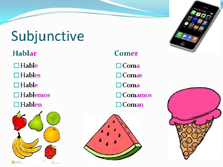 Subjunctive Hablar Comer �Hables �Hablemos �Hablen �Comas �Comamos �Coman Subjunctive Hablar Comer �Hables �Hablemos �Hablen �Comas �Comamos �Coman