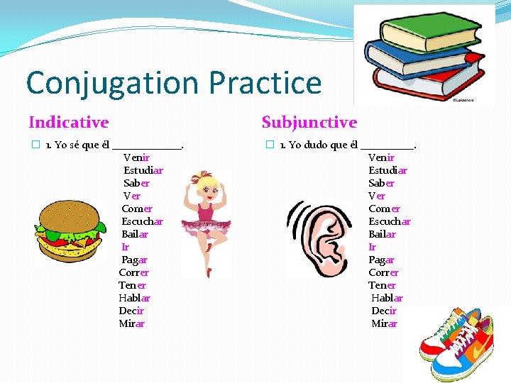 Conjugation Practice Indicative Subjunctive � 1. Yo sé que él _______. Venir Estudiar Saber