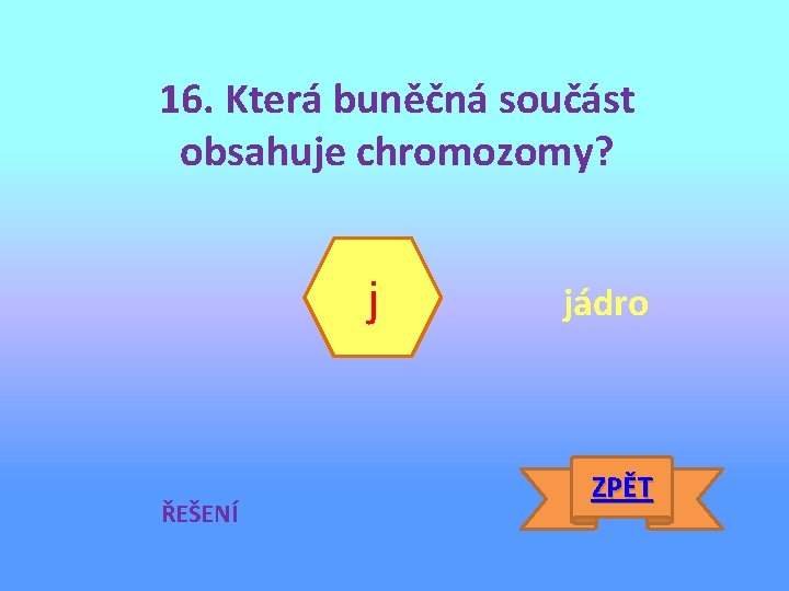 16. Která buněčná součást obsahuje chromozomy? j ŘEŠENÍ jádro ZPĚT 
