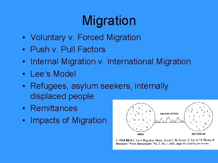 Migration • • • Voluntary v. Forced Migration Push v. Pull Factors Internal Migration