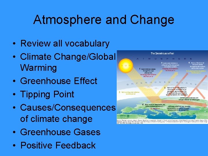 Atmosphere and Change • Review all vocabulary • Climate Change/Global Warming • Greenhouse Effect