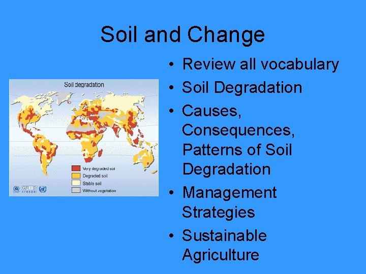Soil and Change • Review all vocabulary • Soil Degradation • Causes, Consequences, Patterns