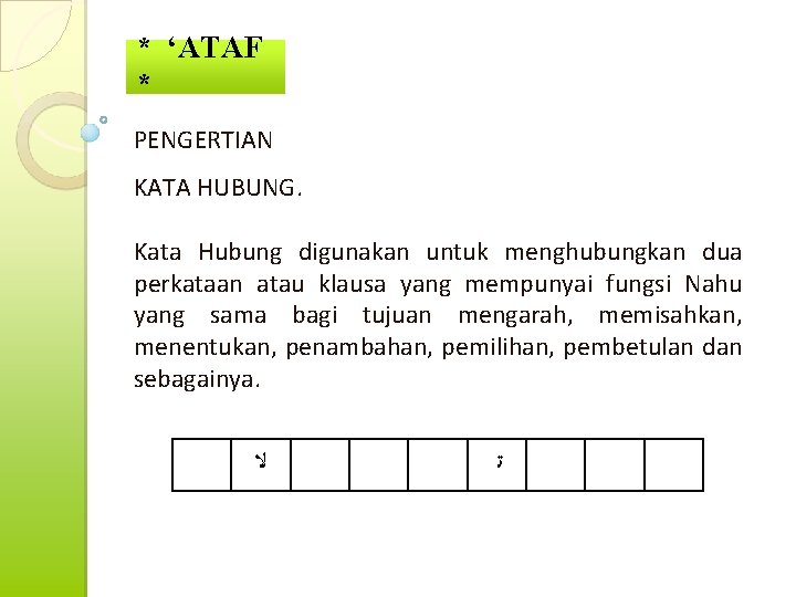 * ‘ATAF * PENGERTIAN KATA HUBUNG. Kata Hubung digunakan untuk menghubungkan dua perkataan atau