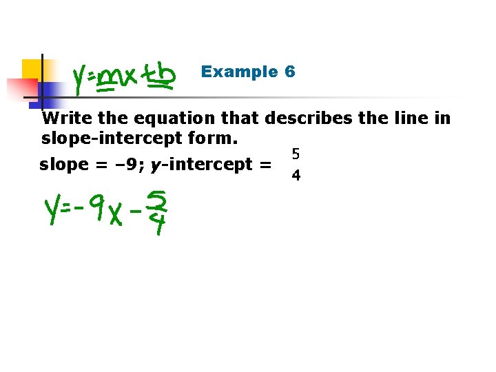 Example 6 Write the equation that describes the line in slope-intercept form. slope =