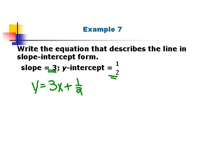 Example 7 Write the equation that describes the line in slope-intercept form. slope =