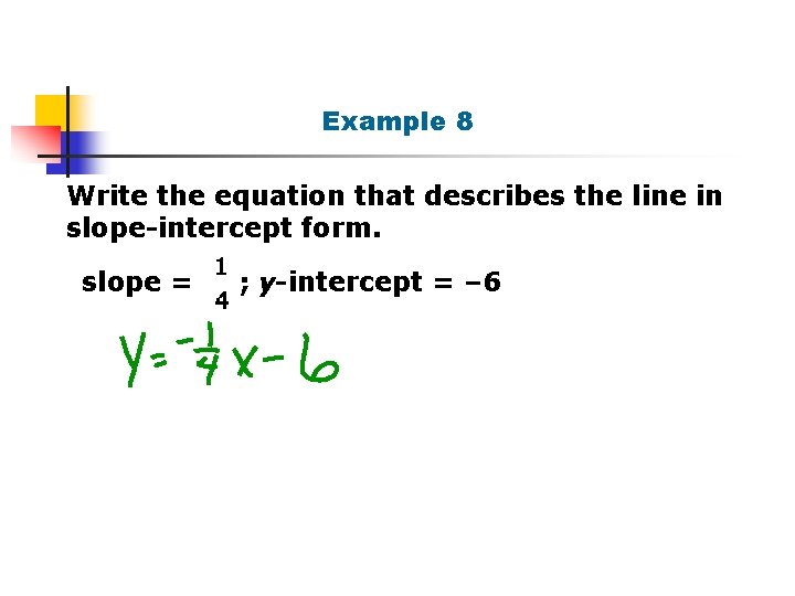 Example 8 Write the equation that describes the line in slope-intercept form. slope =