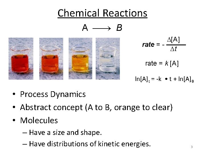 Chemical Reactions A B [A] rate = t rate = k [A] ln[A]t =
