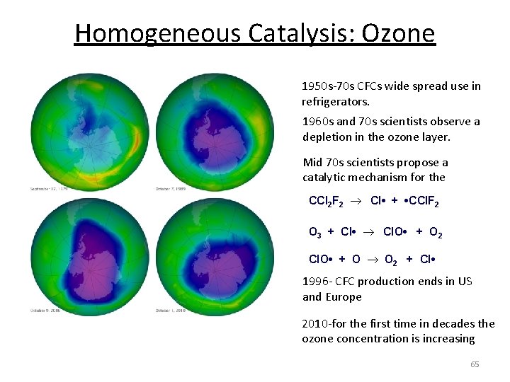 Homogeneous Catalysis: Ozone 1950 s-70 s CFCs wide spread use in refrigerators. 1960 s