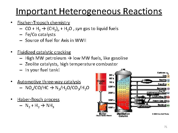 Important Heterogeneous Reactions • Fischer-Tropsch chemistry – CO + H 2 → (CH 2)n