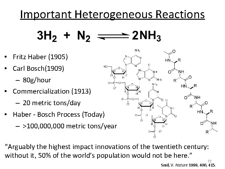 Important Heterogeneous Reactions • Fritz Haber (1905) • Carl Bosch(1909) – 80 g/hour •