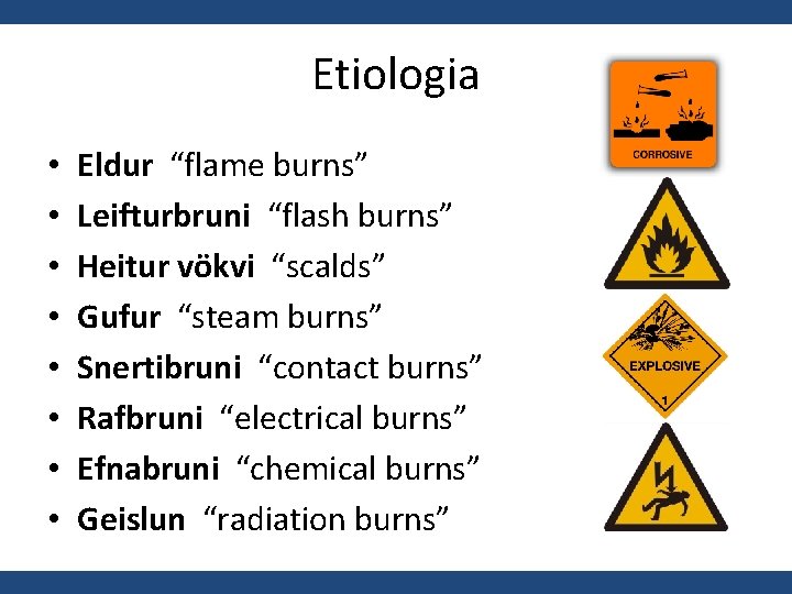 Etiologia • • Eldur “flame burns” Leifturbruni “flash burns” Heitur vökvi “scalds” Gufur “steam