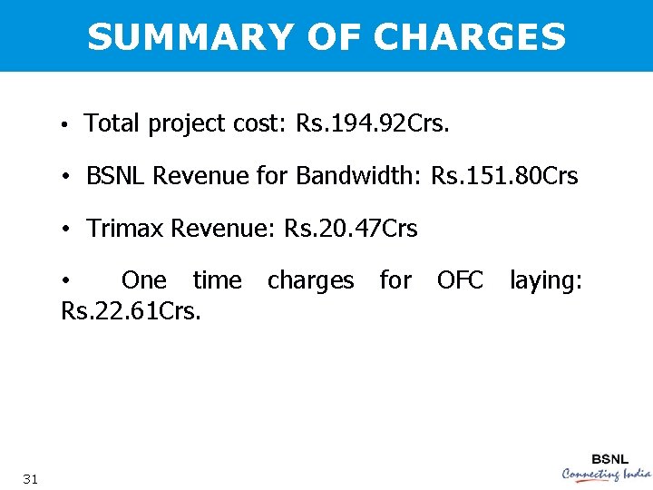 SUMMARY OF CHARGES • Total project cost: Rs. 194. 92 Crs. • BSNL Revenue