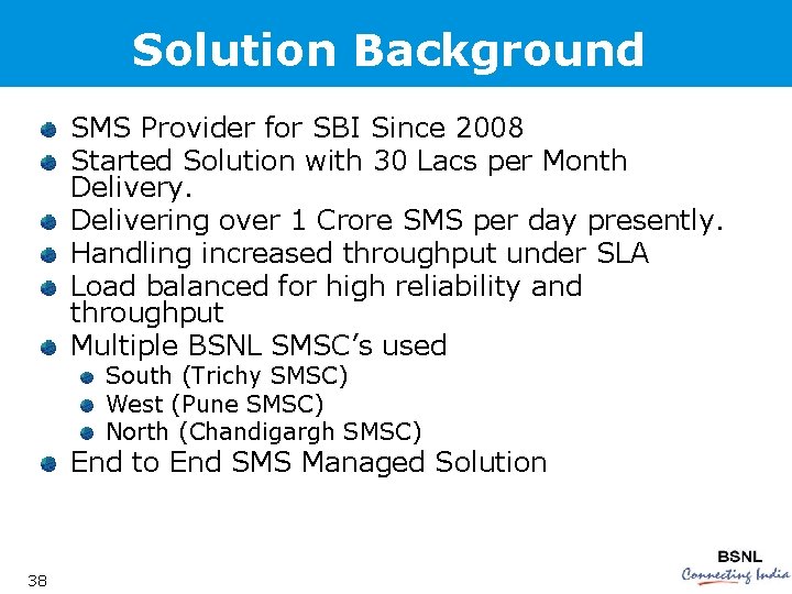 Solution Background SMS Provider for SBI Since 2008 Started Solution with 30 Lacs per