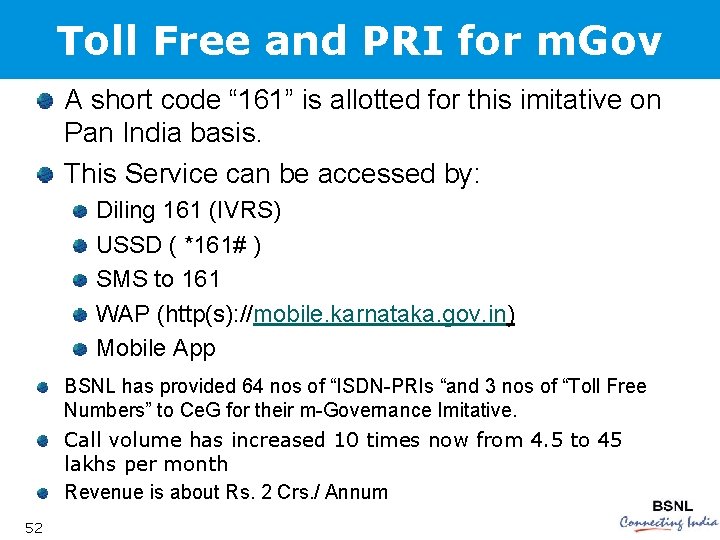 Toll Free and PRI for m. Gov A short code “ 161” is allotted