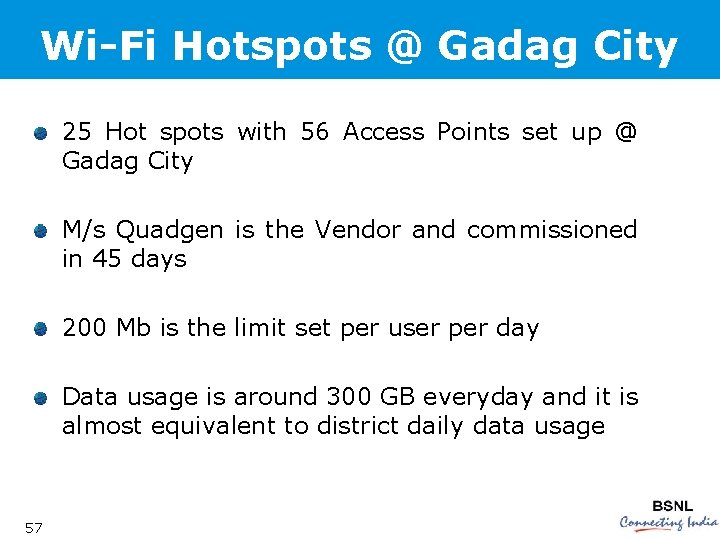 Wi-Fi Hotspots @ Gadag City 25 Hot spots with 56 Access Points set up