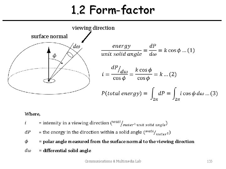 1. 2 Form-factor viewing direction surface normal Where, = polar angle measured from the