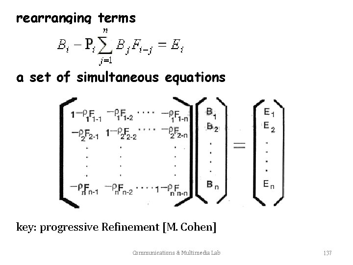 rearranging terms a set of simultaneous equations key: progressive Refinement [M. Cohen] Communications &