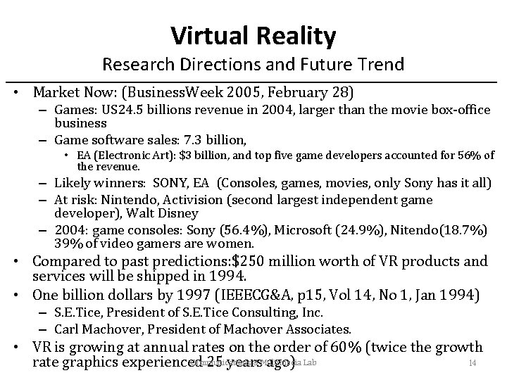 Virtual Reality Research Directions and Future Trend • Market Now: (Business. Week 2005, February