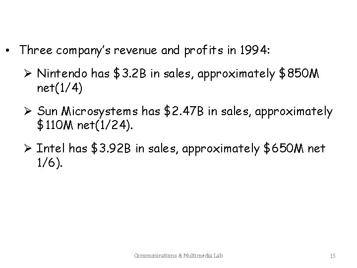  • Three company’s revenue and profits in 1994: Ø Nintendo has $3. 2