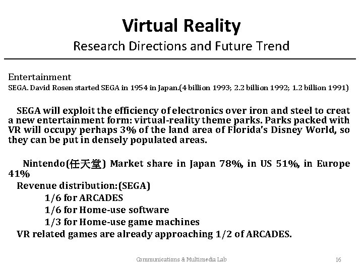 Virtual Reality Research Directions and Future Trend Entertainment SEGA. David Rosen started SEGA in