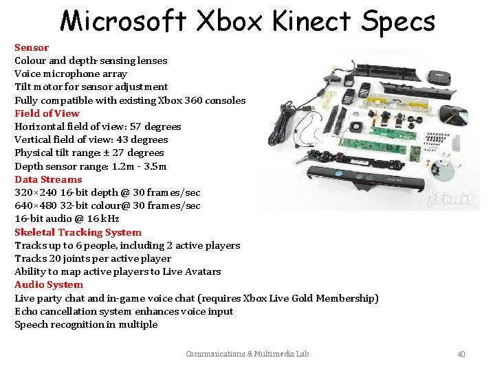 Microsoft Xbox Kinect Specs Sensor Colour and depth-sensing lenses Voice microphone array Tilt motor