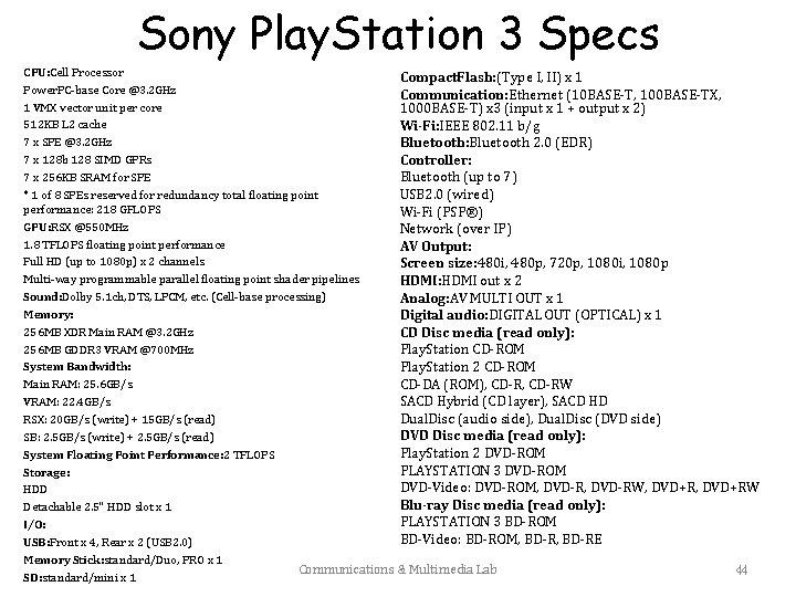 Sony Play. Station 3 Specs CPU: Cell Processor Compact. Flash: (Type I, II) x